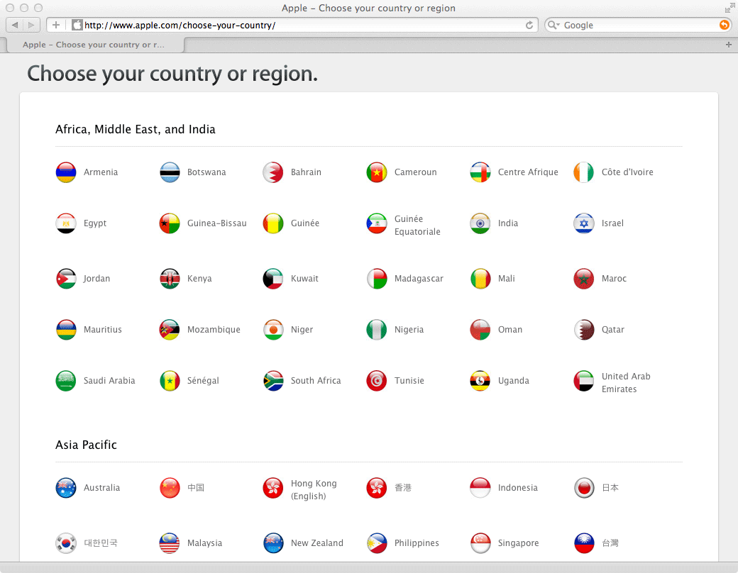 アップルの「Choose your country or region」ページ